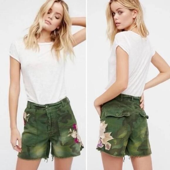 Free People Size 0 Embroidered Floral Camo Boho Cotton High Rise Bermuda Shorts - Picture 4 of 12